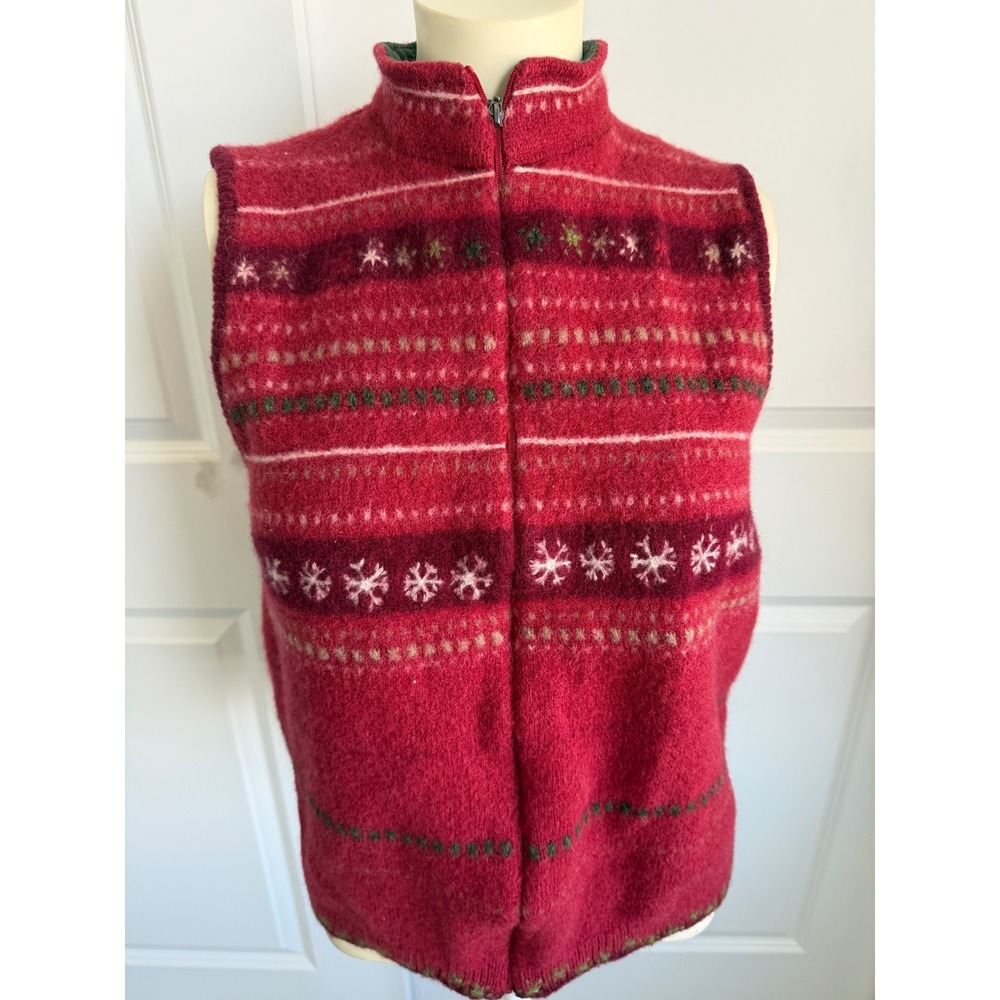 Woolrich Womens XL Red Fair Isle Snowflake Wool Blend Full Zip Sweater Vest VTG